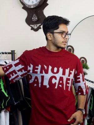 Maroon drop shoulder t-shirt with silver colour print