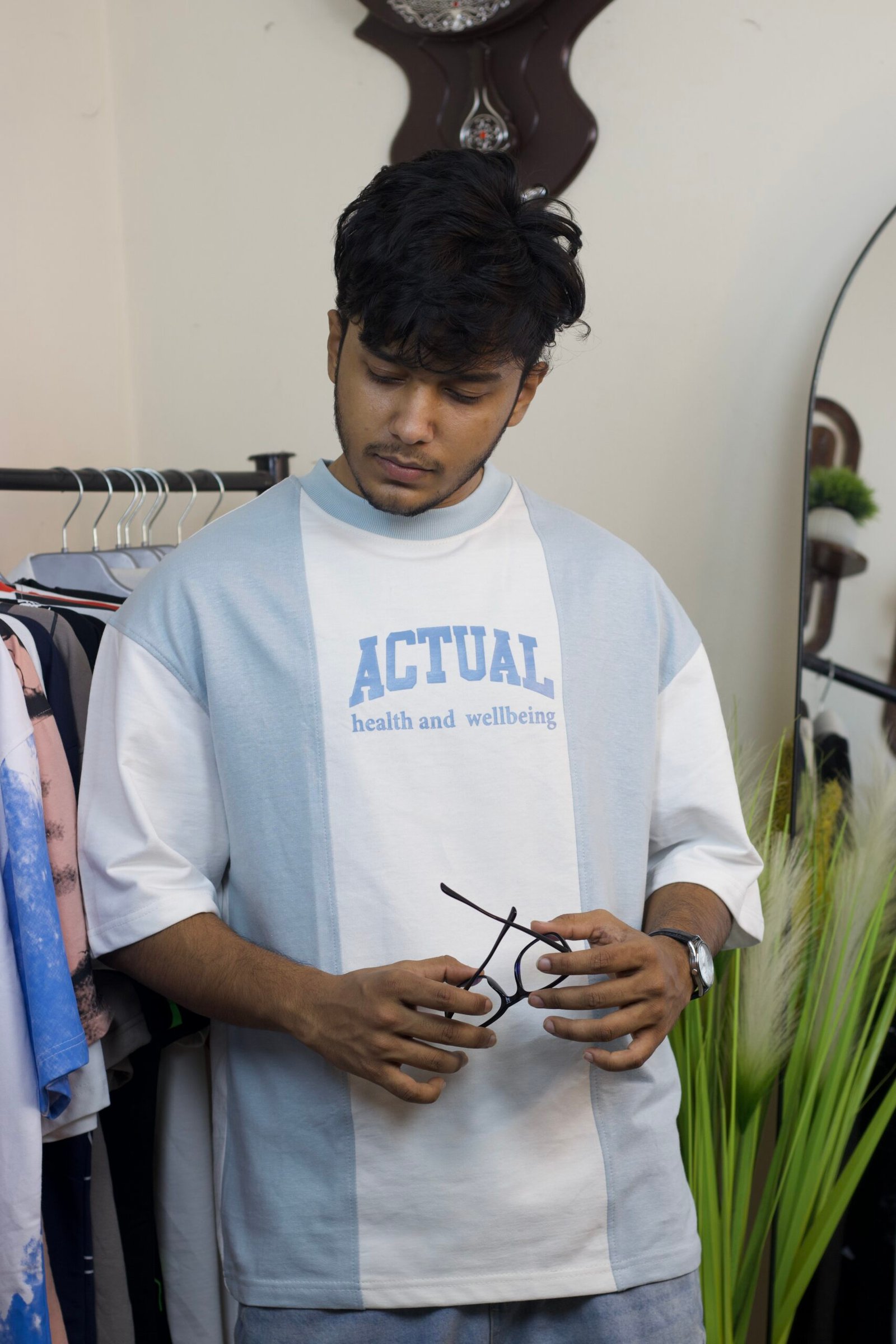 Actual drop shoulder tee white & sky blue