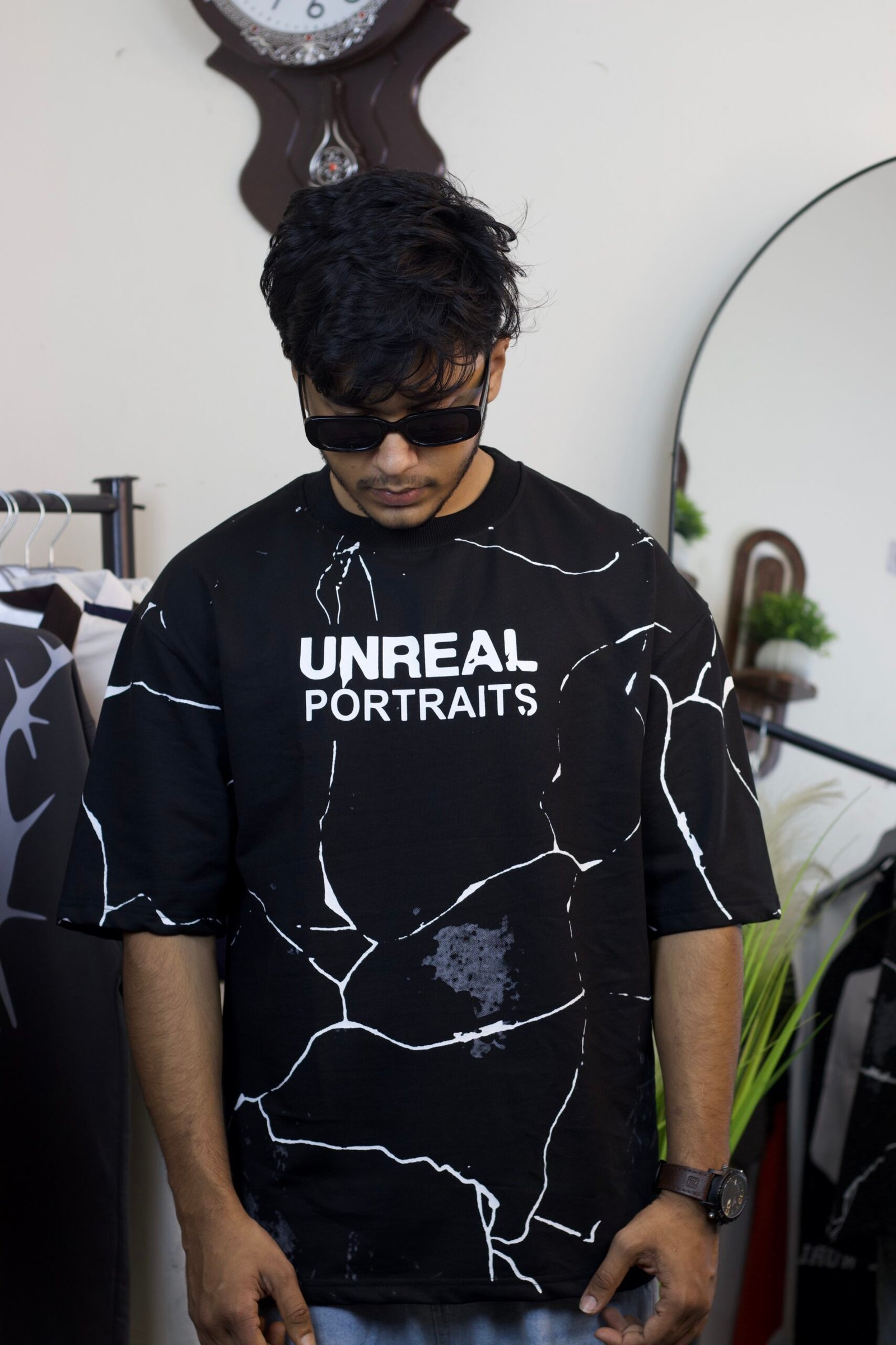 Unreal Portraits drop shoulder black t-shirt