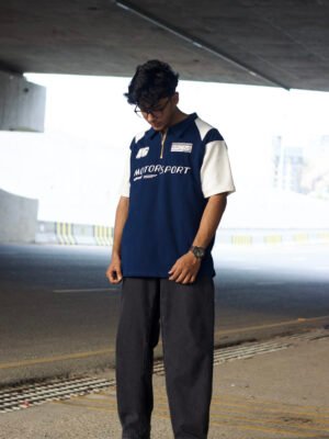 MOTOR SPORT Oversized polo shirt (Dark Blue and off white)