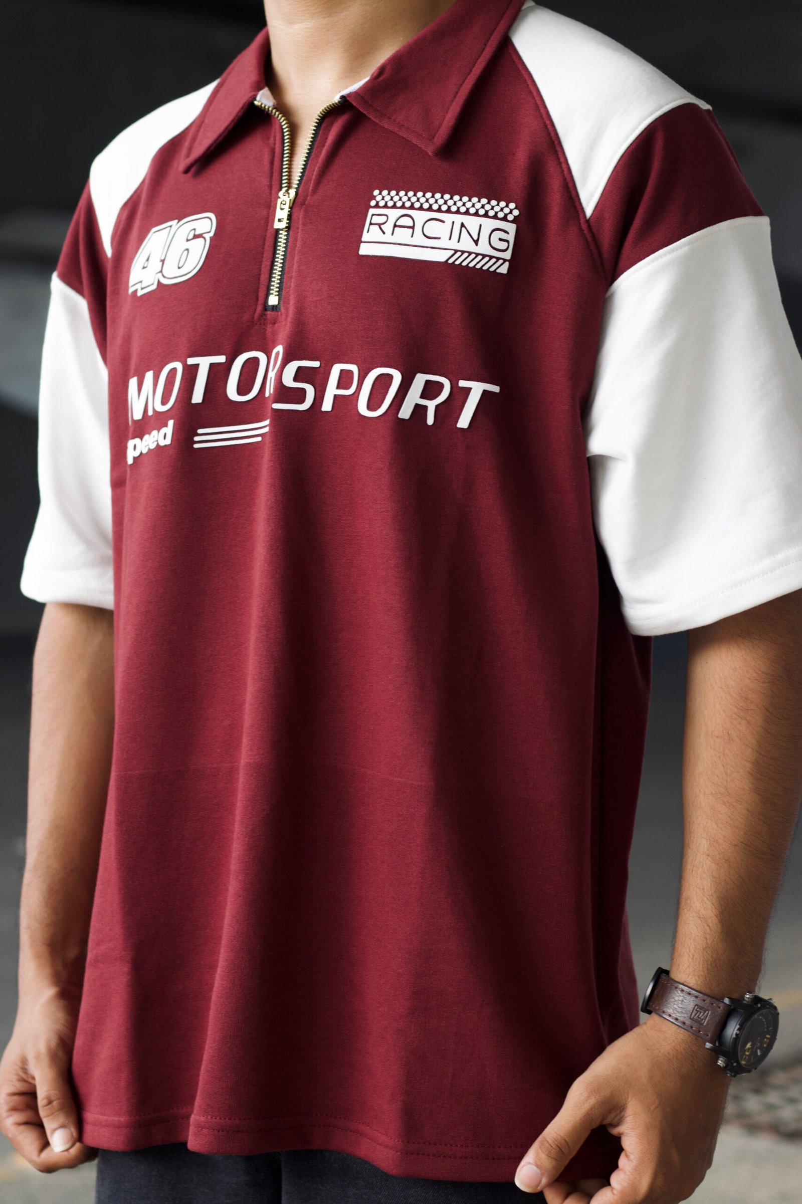 MOTOR SPORT Oversized polo shirt (Dark Maroon and off white) - Image 2