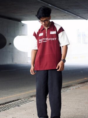 MOTOR SPORT Oversized polo shirt (Dark Maroon and off white)
