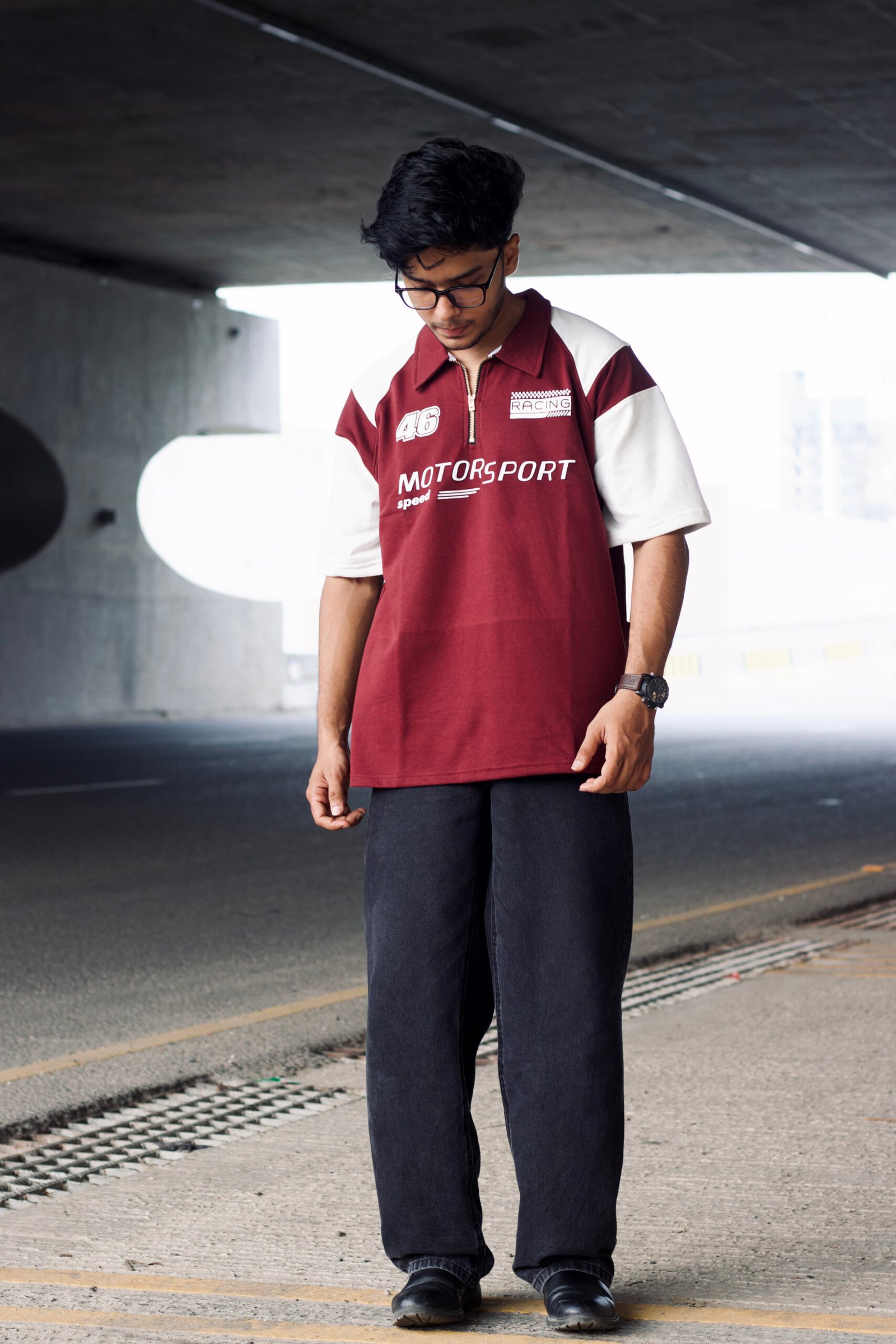 MOTOR SPORT Oversized polo shirt (Dark Maroon and off white)